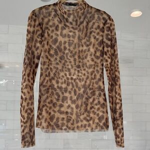 Zara Brown and Black Leopard Print Mesh Long Sleeve Top